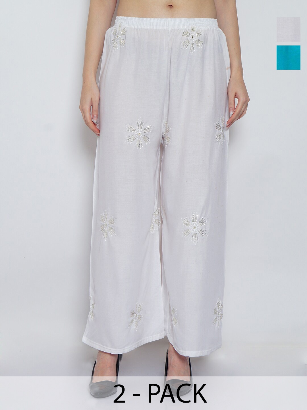 

Jinfo Pack Of 2 Floral Embroidered Flared Palazzos, White