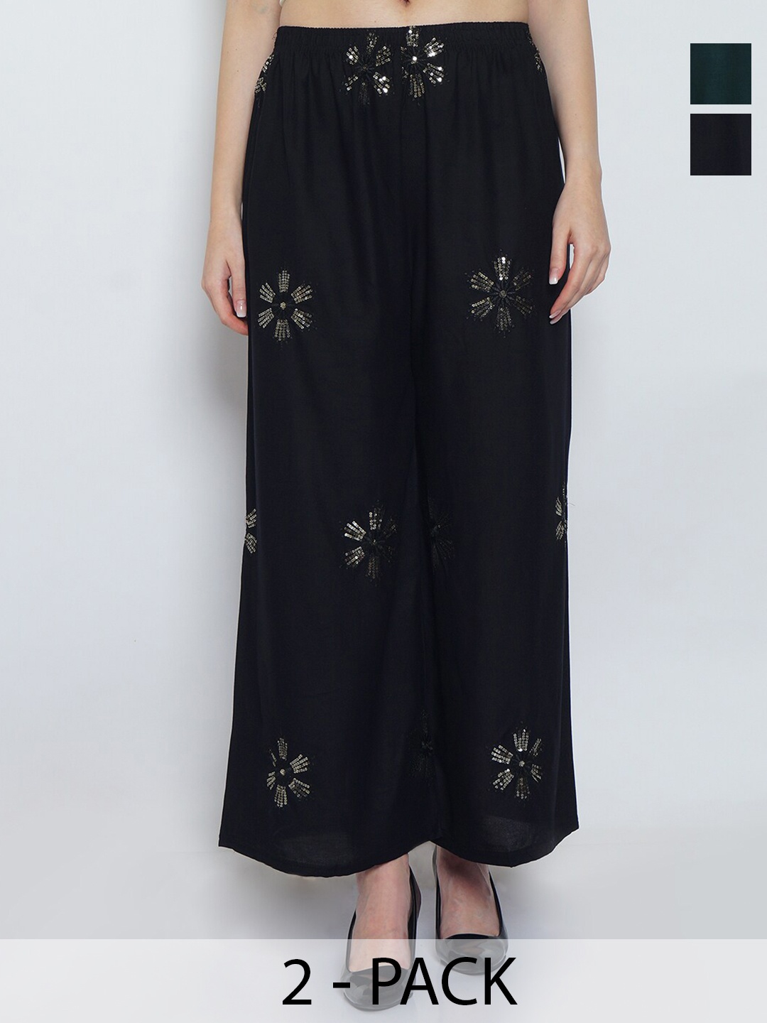 

Jinfo Pack of 2 Floral Embroidered Flared Palazzos, Black
