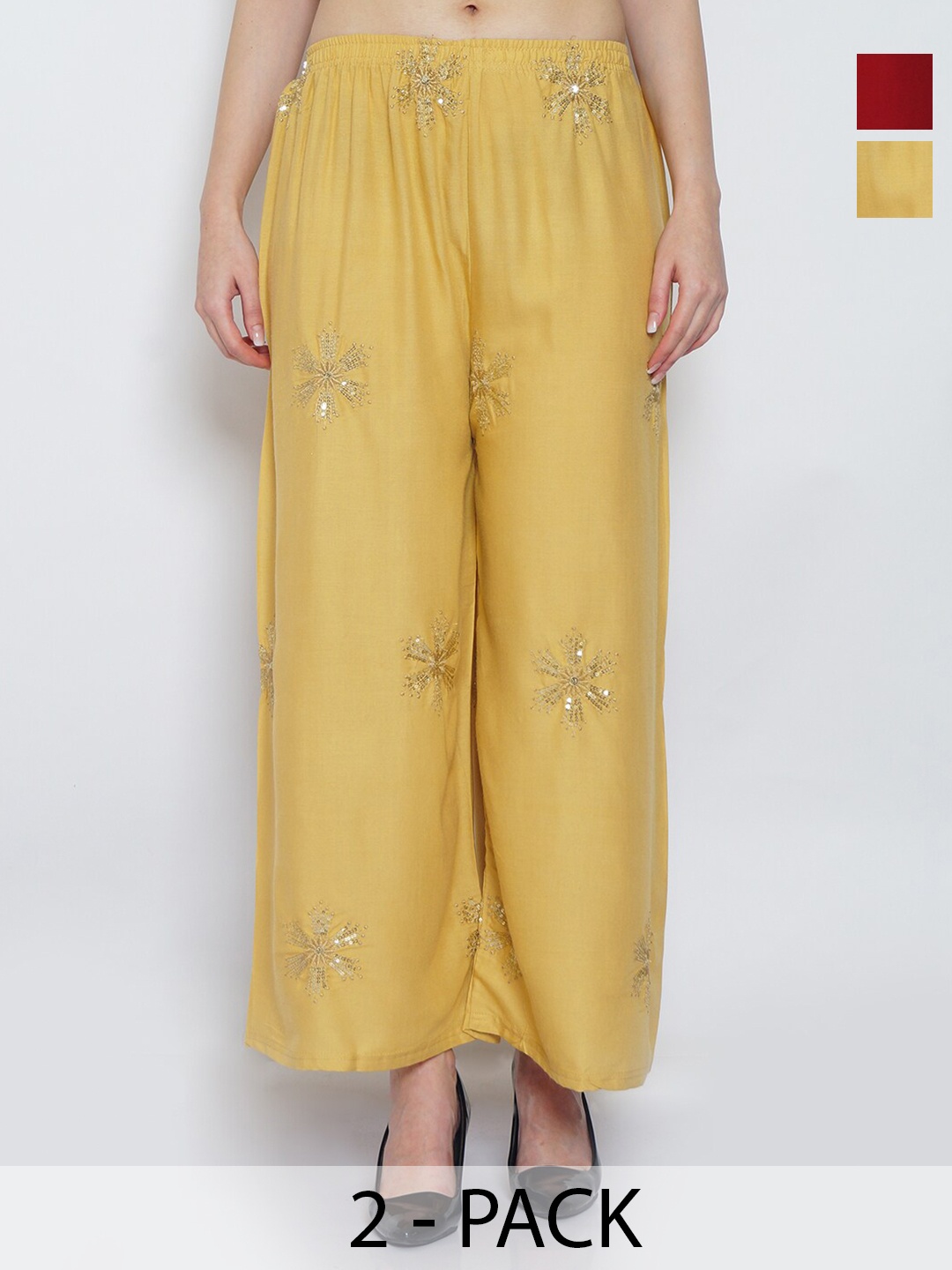 

Jinfo Pack Of 2 Floral Embroidered Flared Palazzos, Beige