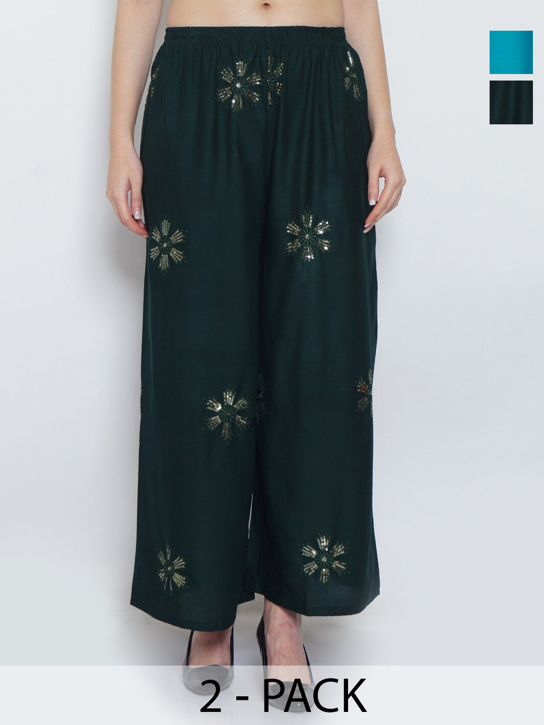 

Jinfo Pack Of 2 Floral Embroidered Flared Knitted Palazzos, Green