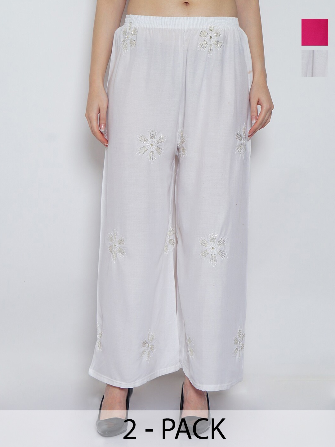 

Jinfo Pack of 2 Floral Embroidered Flared Ethnic Palazzos, White