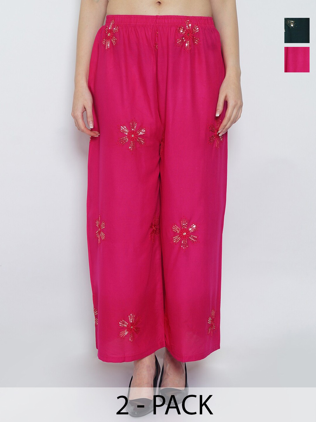 

Jinfo Pack Of 2 Floral Embroidered Flared Knitted Palazzos, Pink