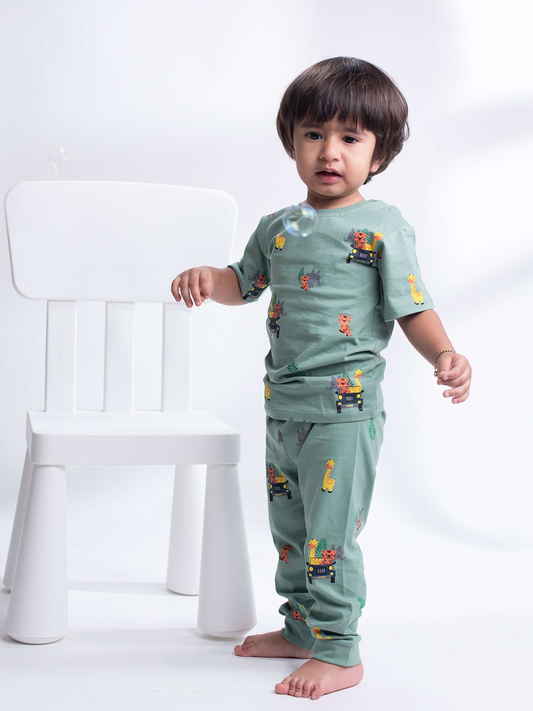 

Orange Sugar Boys Printed Pure Cotton T-shirt With Trousers, Green