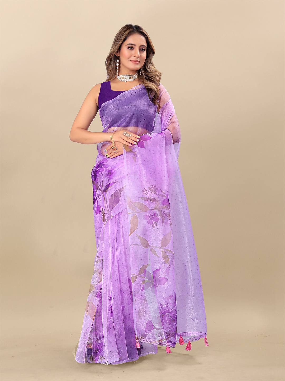 

KALINI Floral Printed Organza Saree, Purple