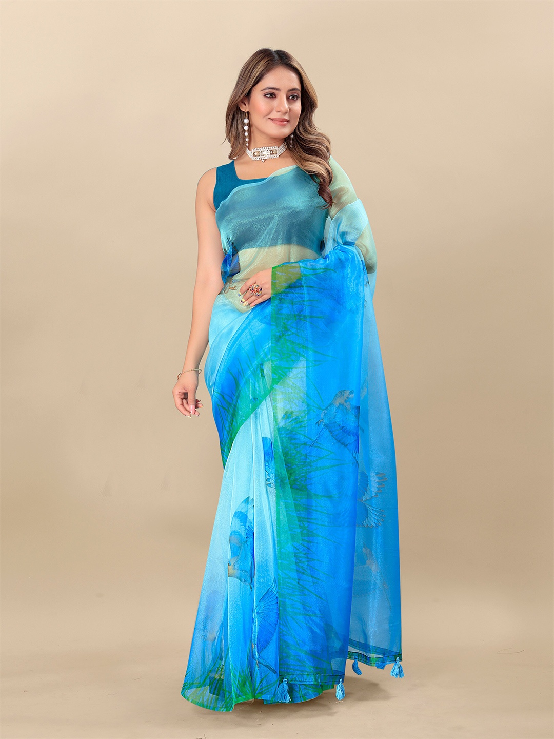 

KALINI Floral Printed Organza Saree, Blue