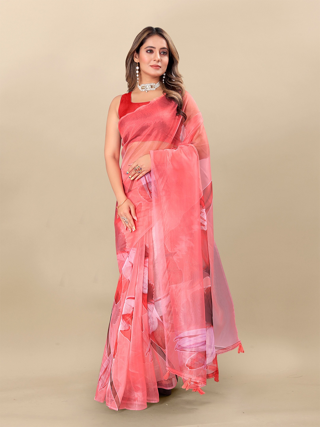 

KALINI Floral Printed Organza Saree, Red