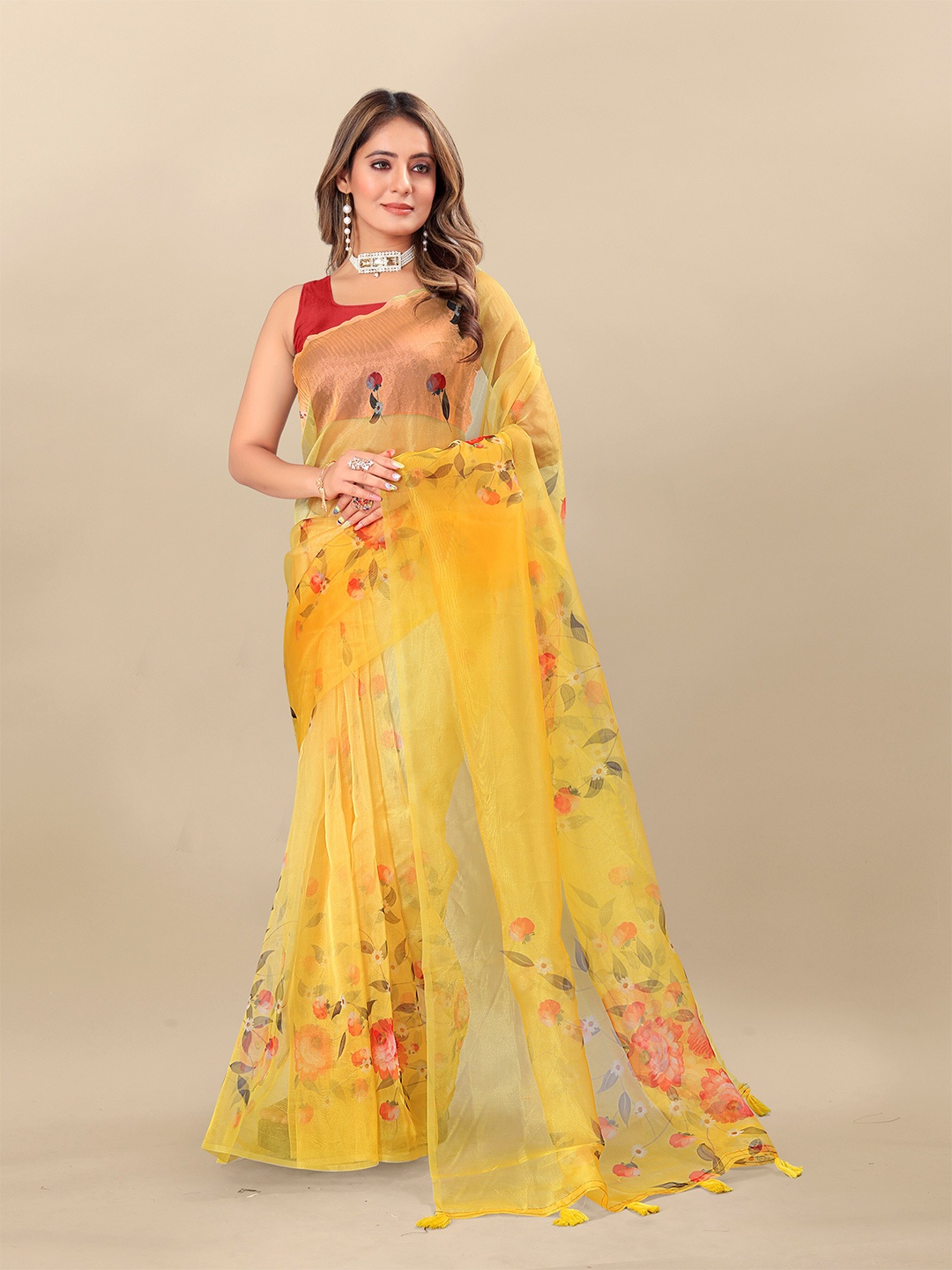 

KALINI Floral Printed Organza Saree With Tassels, Yellow