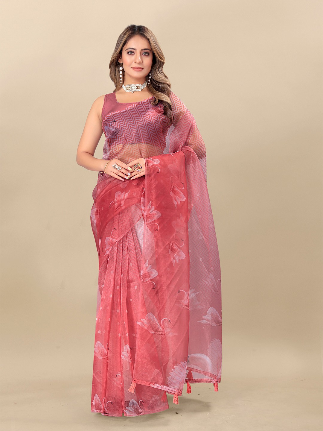 

KALINI Floral Printed Organza Saree, Red