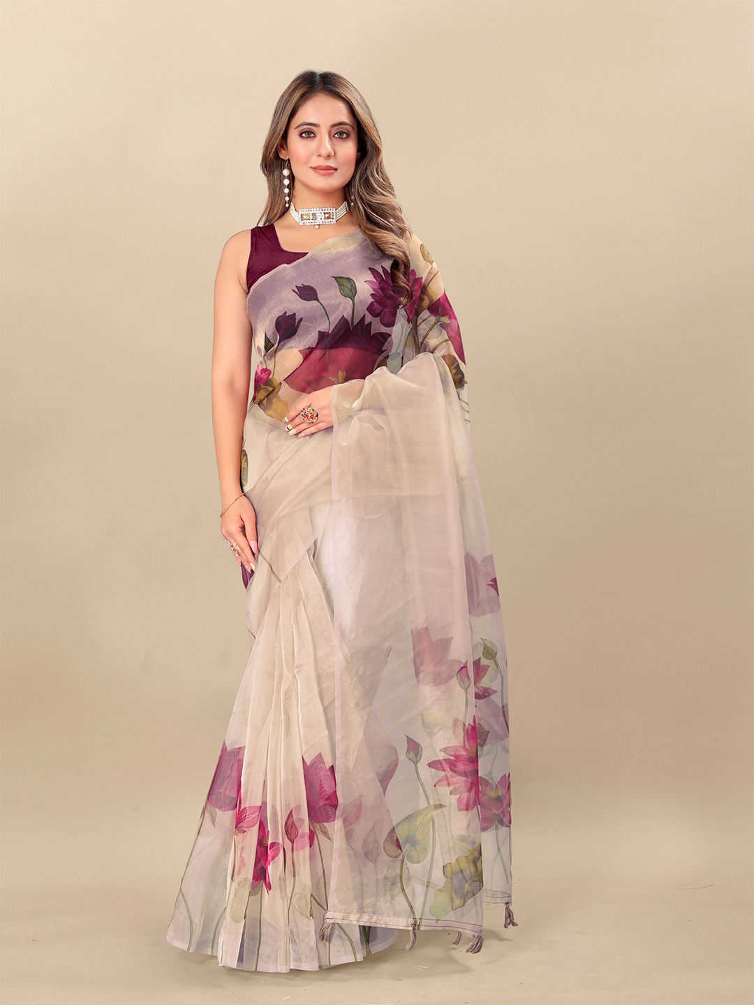 

KALINI Floral Printed Organza Saree, Cream