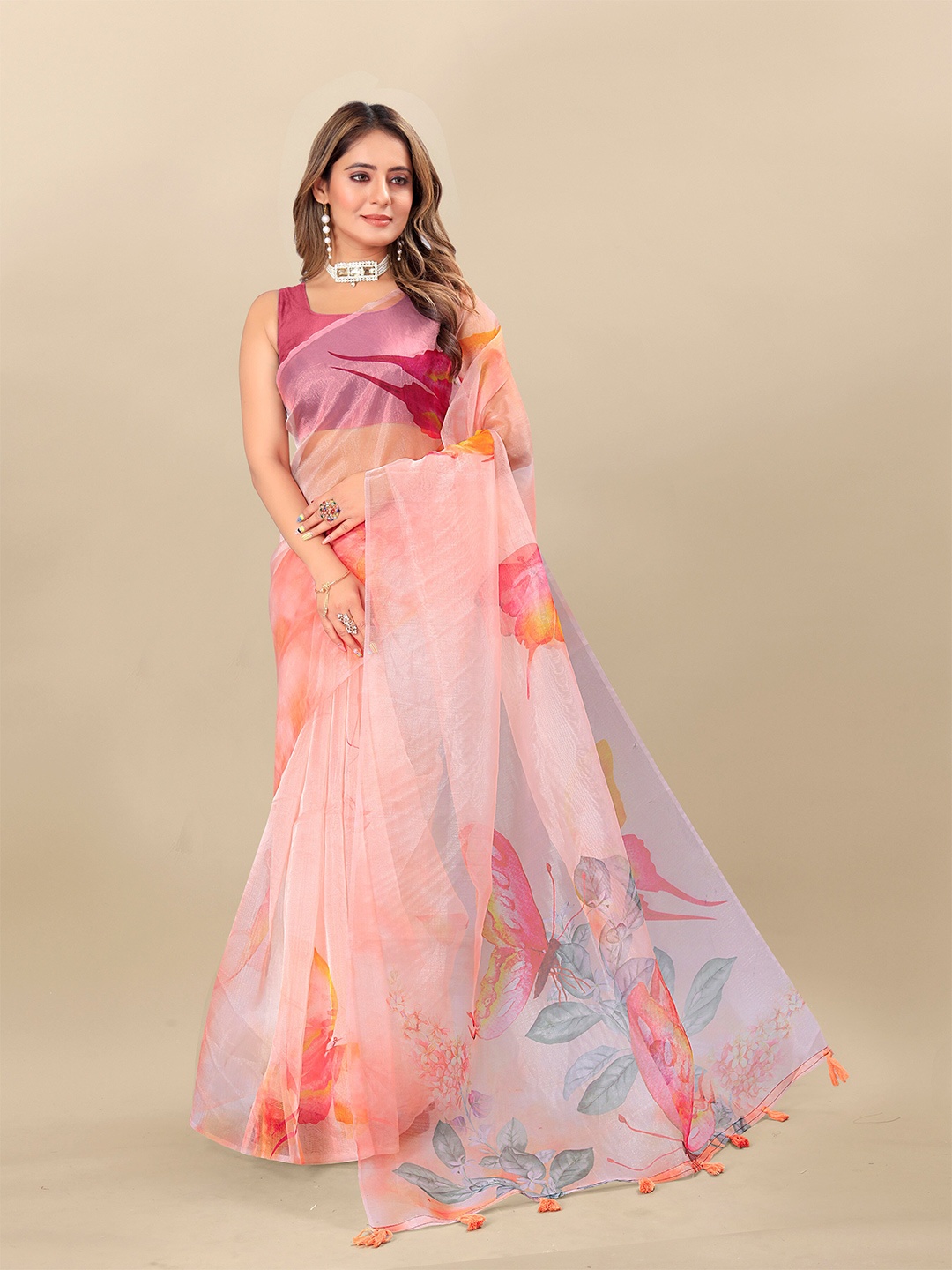 

KALINI Floral Printed Organza Saree, Peach