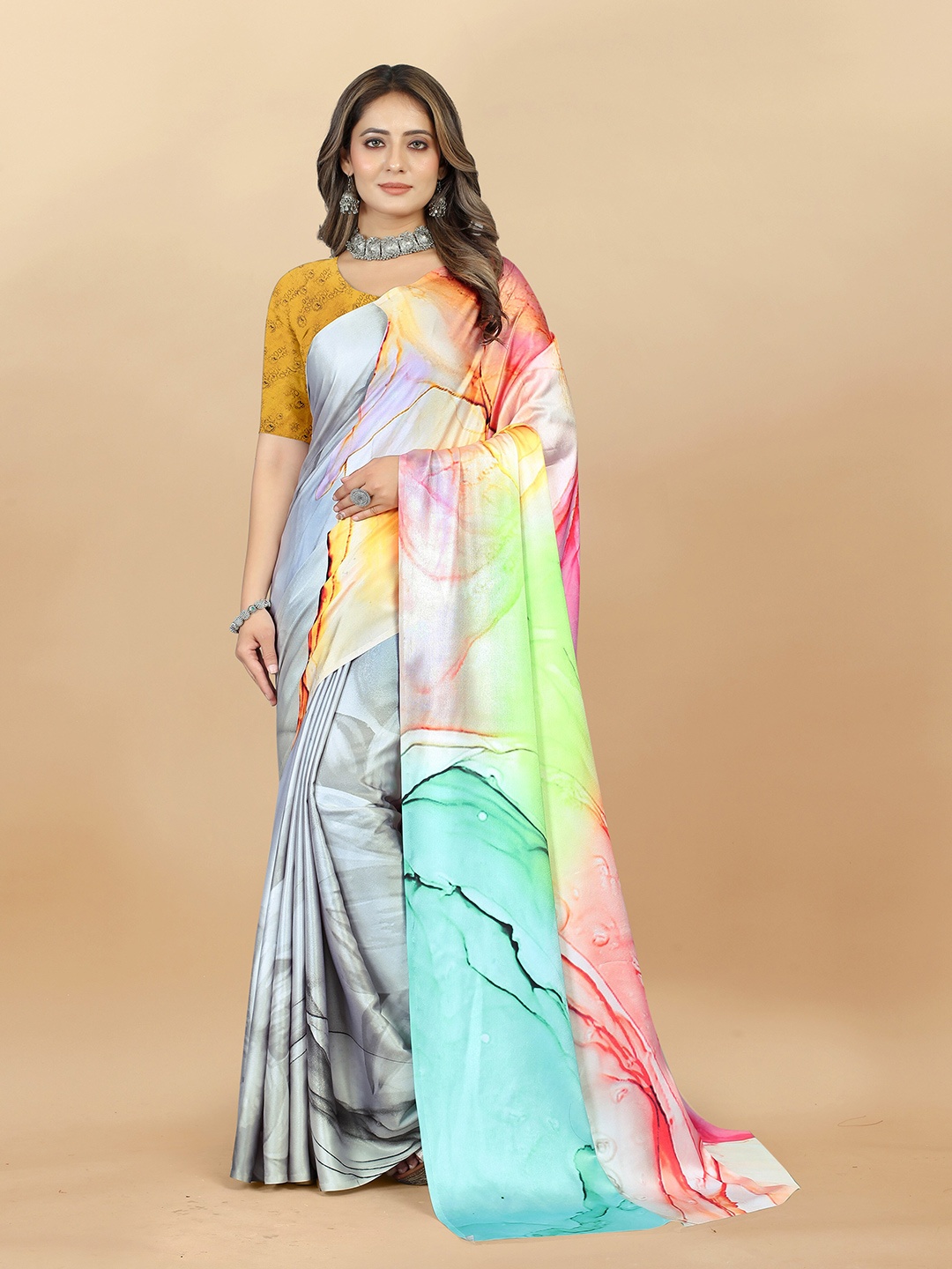 

KALINI Abstract Printed Satin Saree, Grey