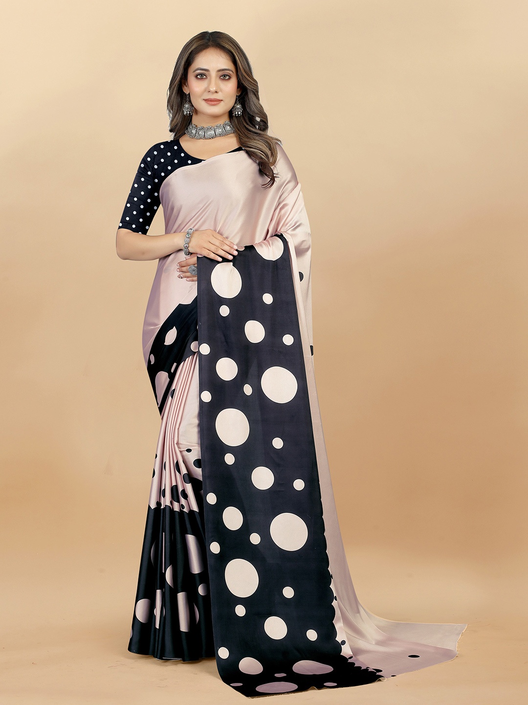 

KALINI Polka Dot Printed Satin Saree, Beige