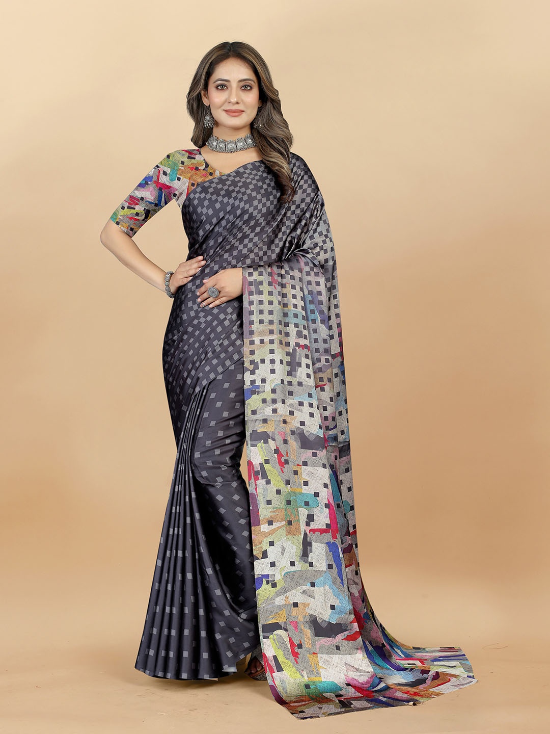 

KALINI Geometric Printed Satin Saree, Black