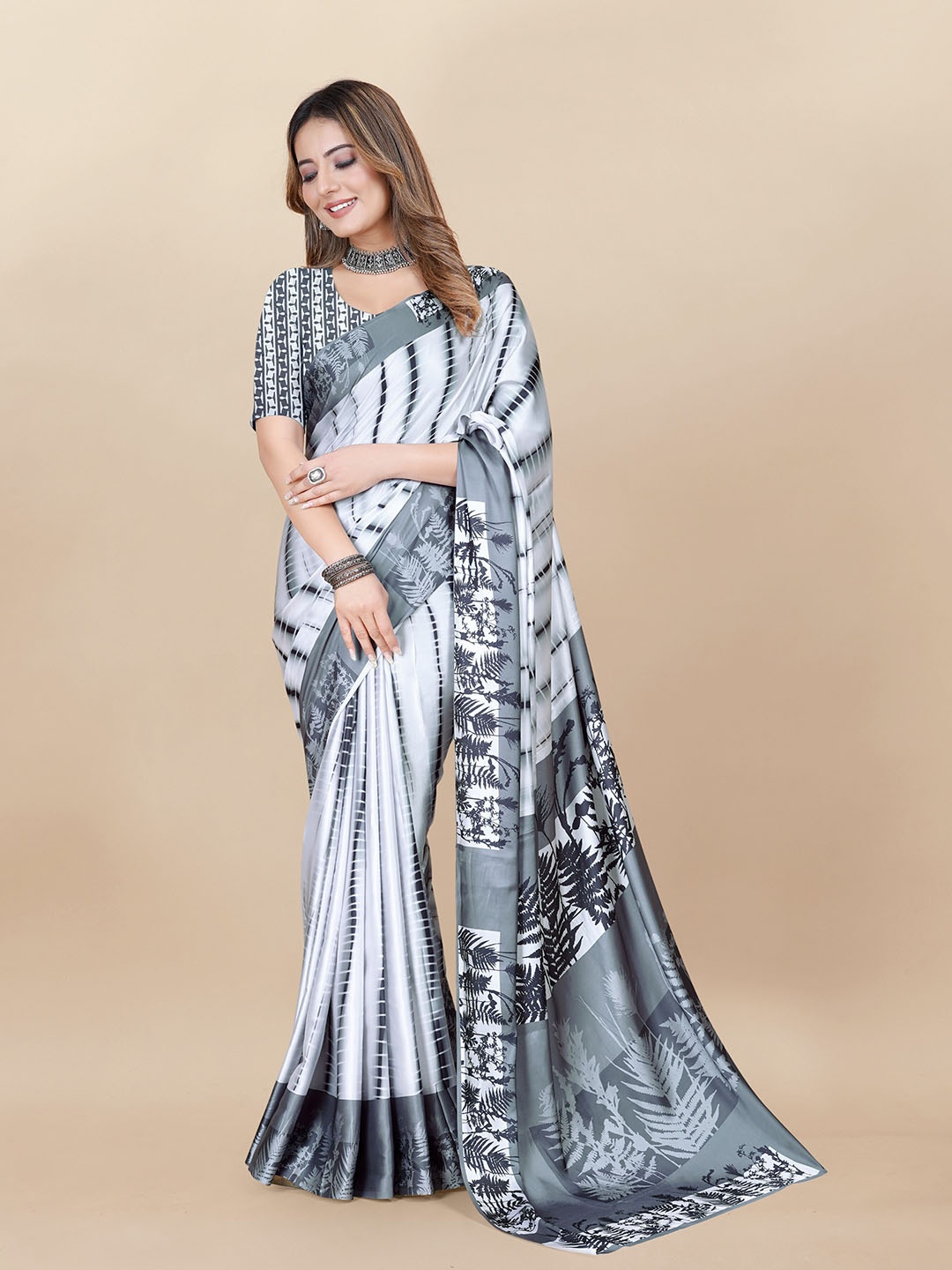 

KALINI Floral Printed Satin Saree, Grey