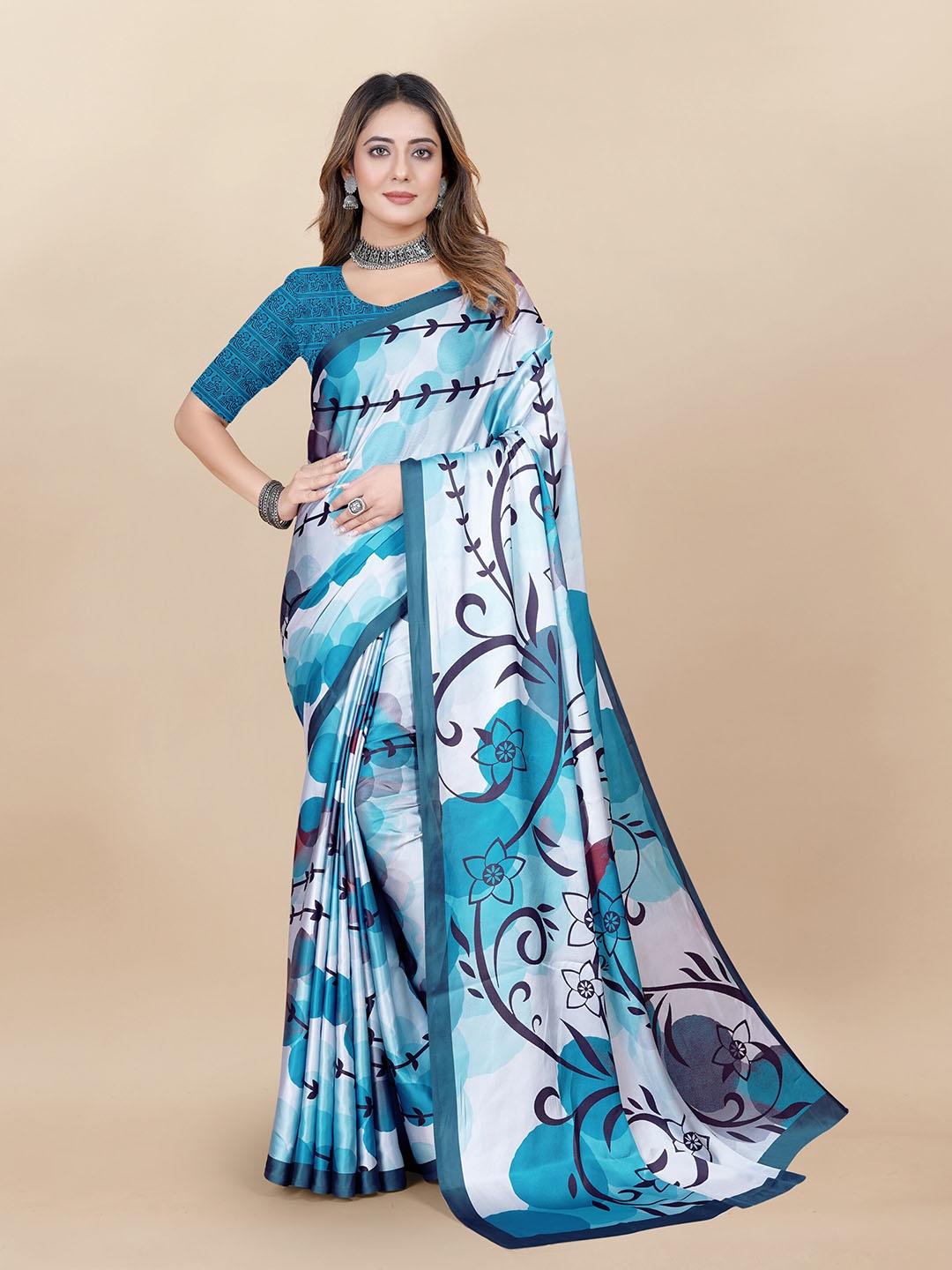 

KALINI Floral Printed Satin Saree, Turquoise blue