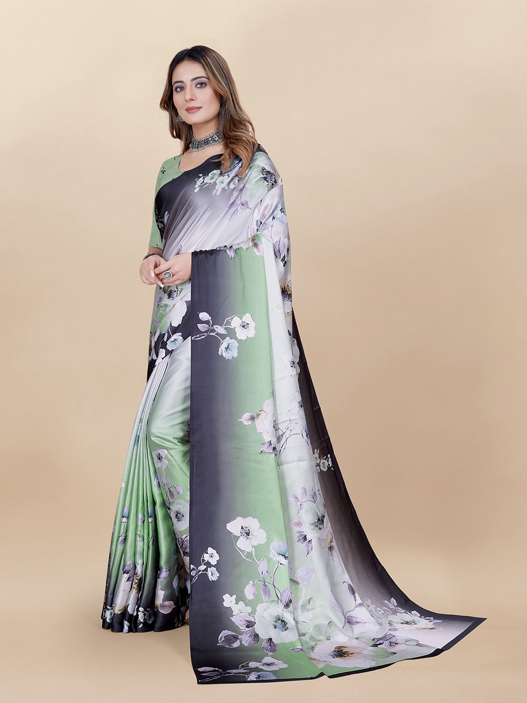 

KALINI Floral Printed Satin Saree, Green