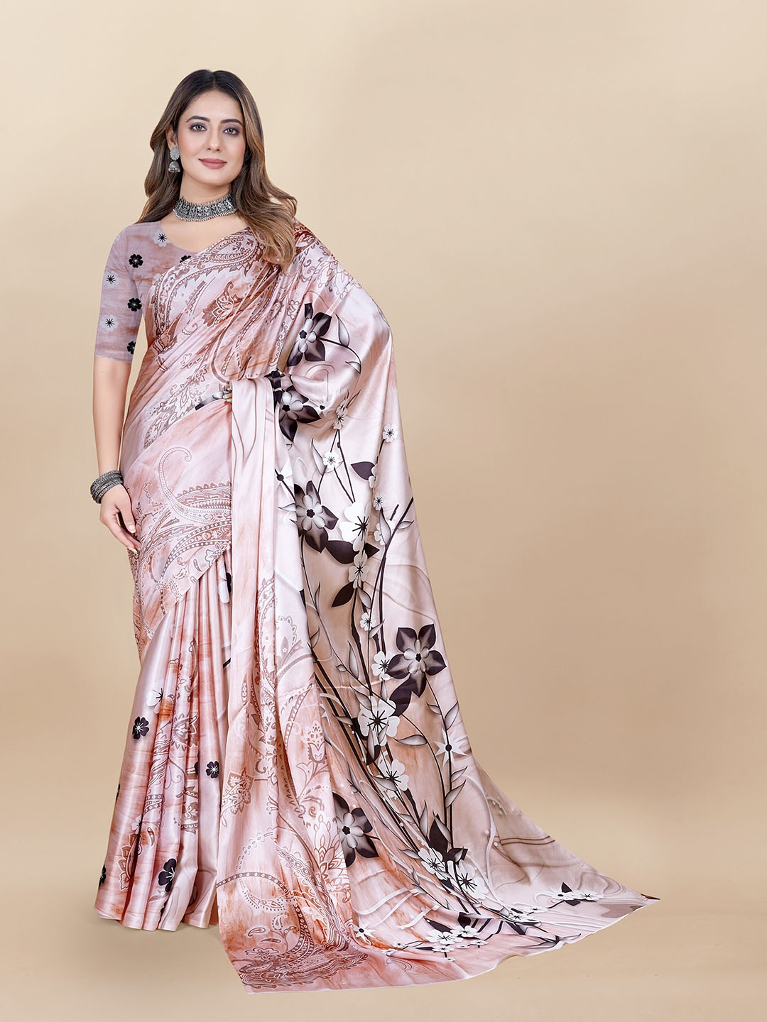 

KALINI Floral Printed Satin Saree, Rose gold