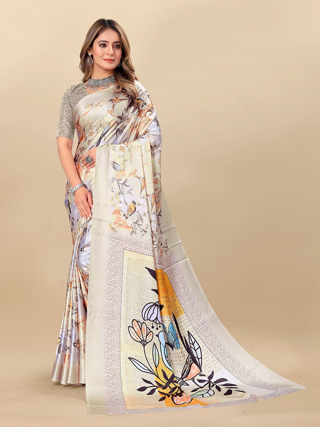 

KALINI Floral Printed Satin Saree, Yellow