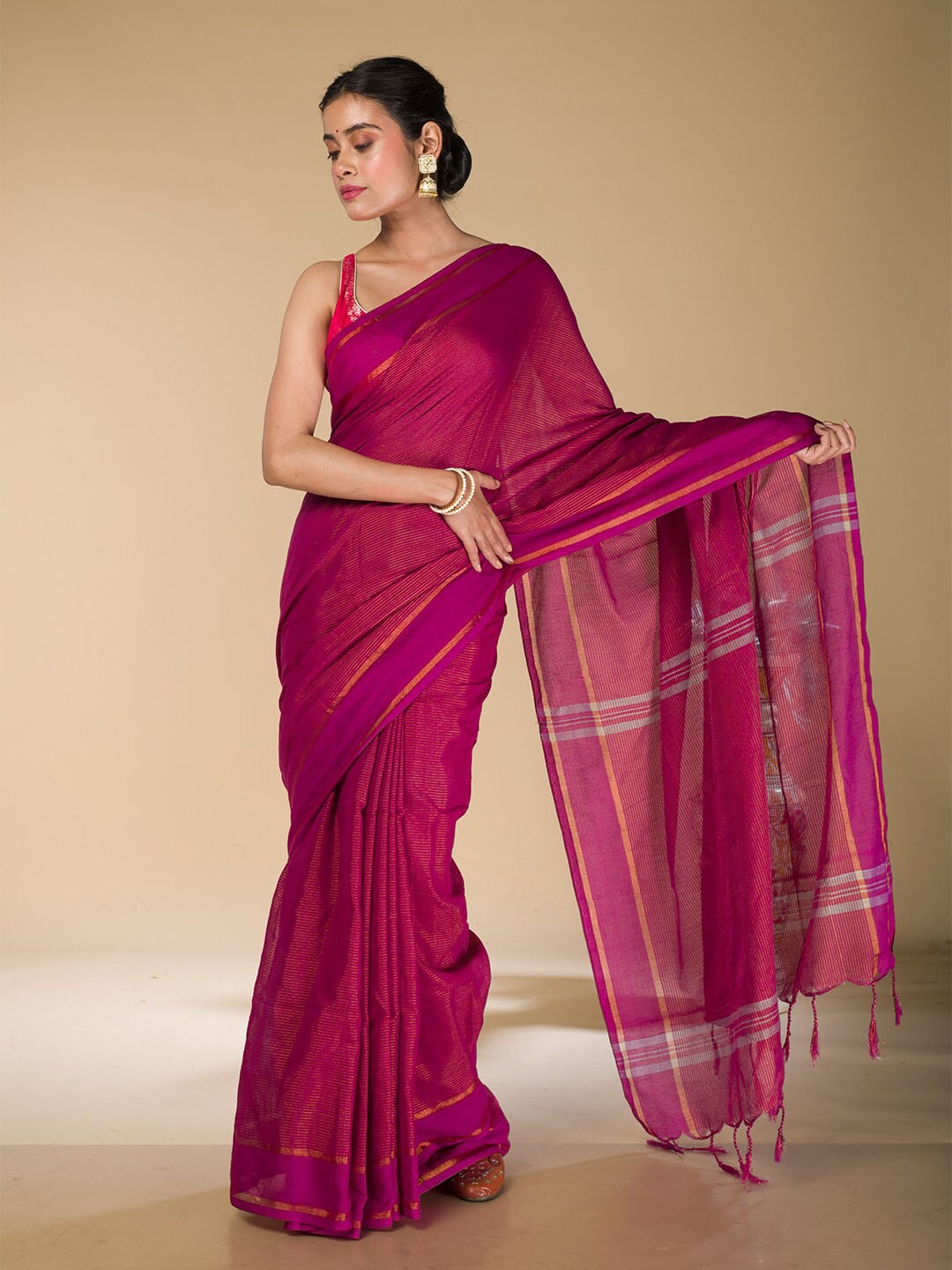 

HERE&NOW Magenta Striped Zari Saree