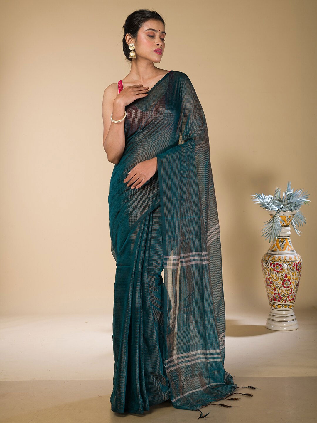 

HERE&NOW Teal Green Striped Zari Saree