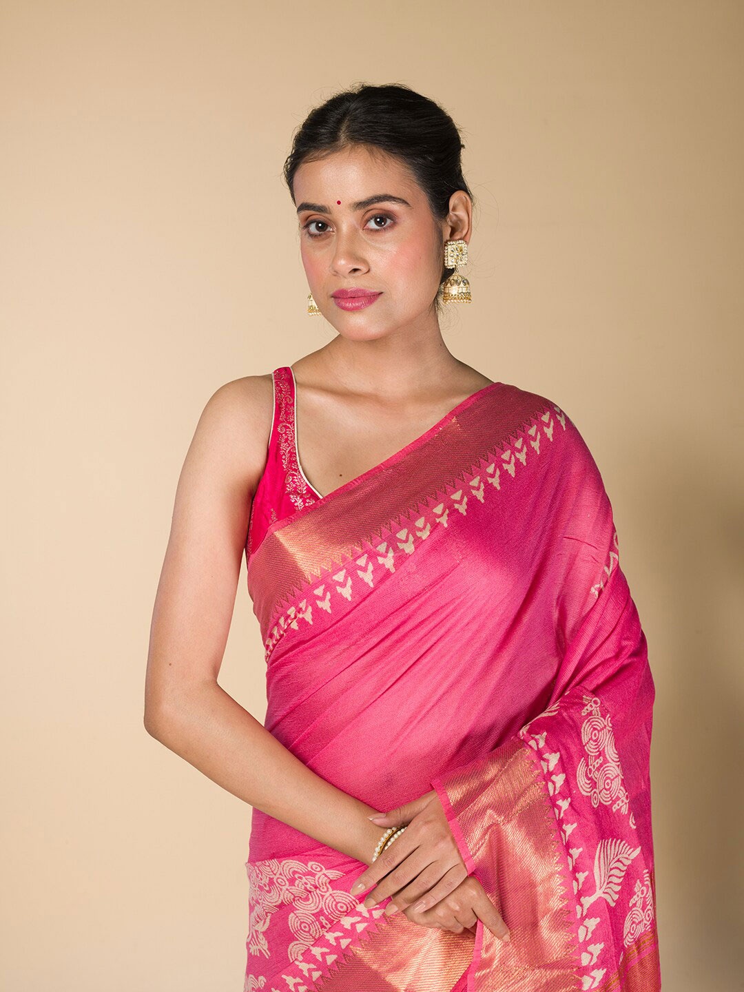 

HERE&NOW Pink Abstract Printed Zari Bhagalpuri Saree