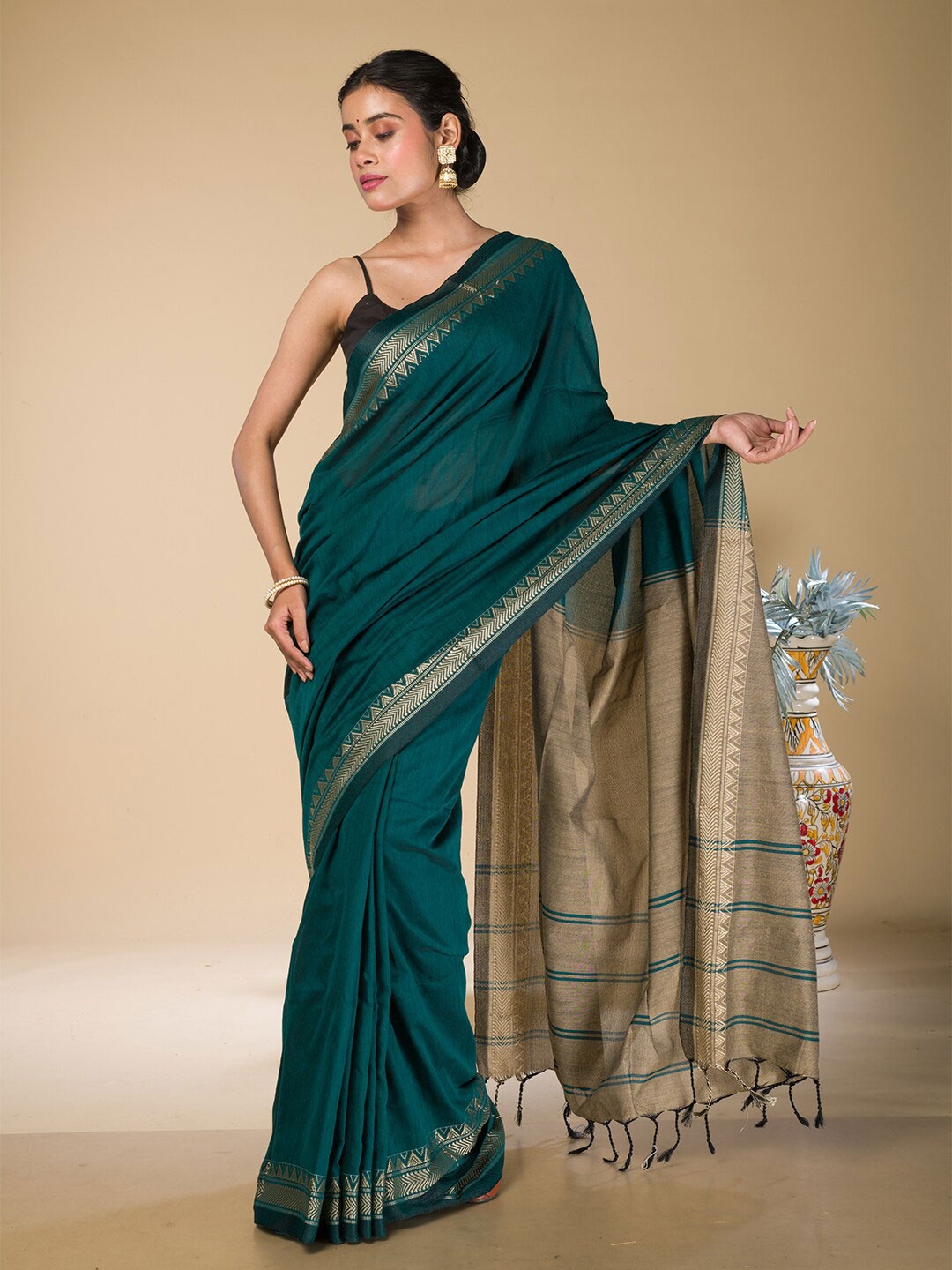 

HERE&NOW Teal Green Zari Woven Design Border Pure Cotton Khadi Saree