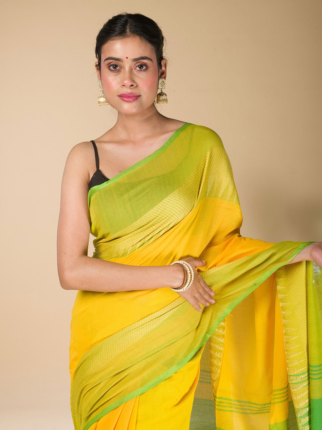 

HERE&NOW Yellow Woven Design Border Narayan Peth Saree