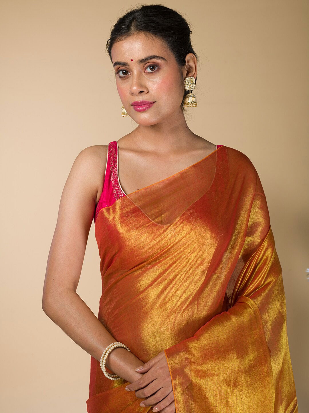 

HERE&NOW Gold Toned Solid No Border Saree