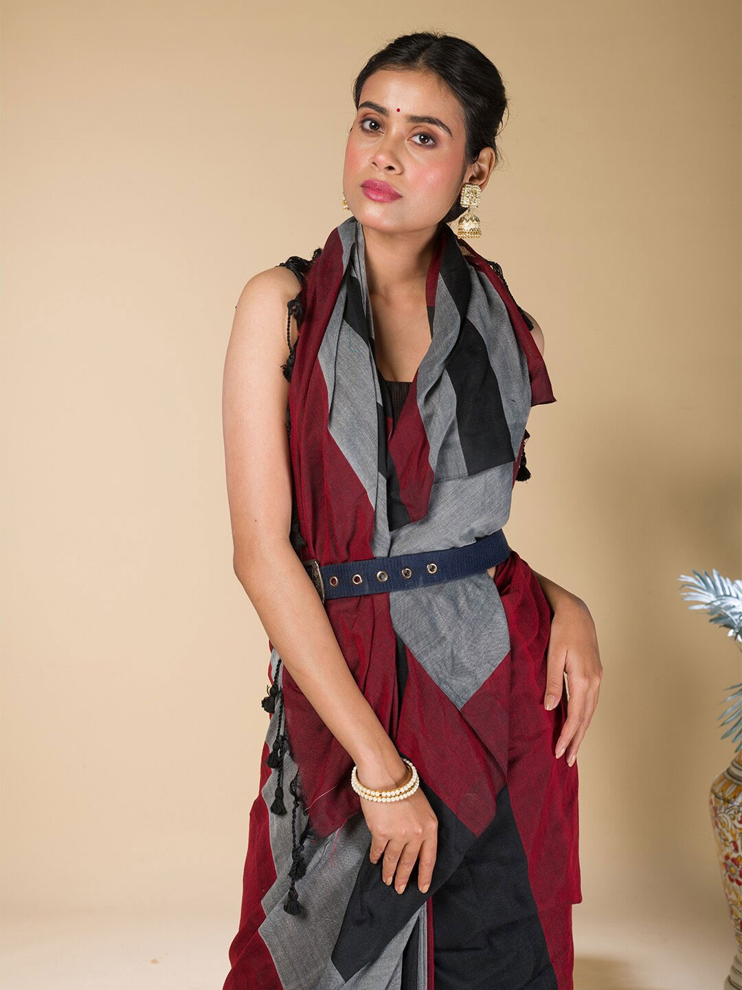 

HERE&NOW Grey Striped Khadi Saree