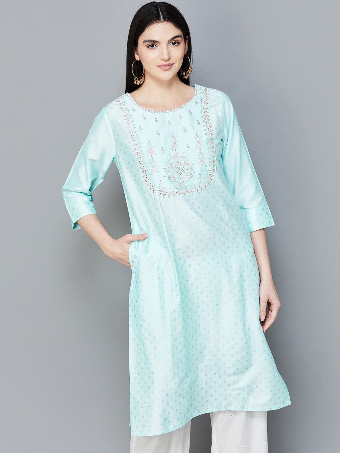 

Melange by Lifestyle Floral Embroidered Mirror Work Straight Kurta, Blue