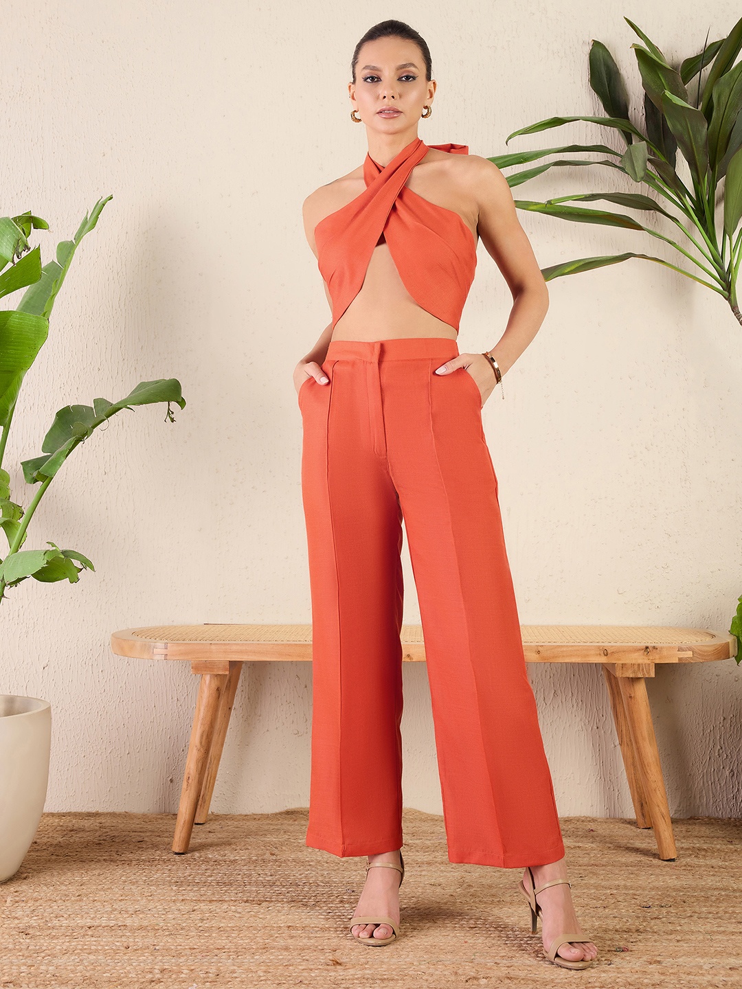 

Uptownie Halter Neck Linen Top With Pants, Orange