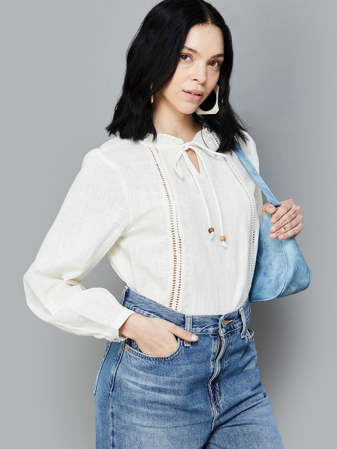 

Fame Forever by Lifestyle Tie-Up Neck Long Sleeves Cotton Top, Beige