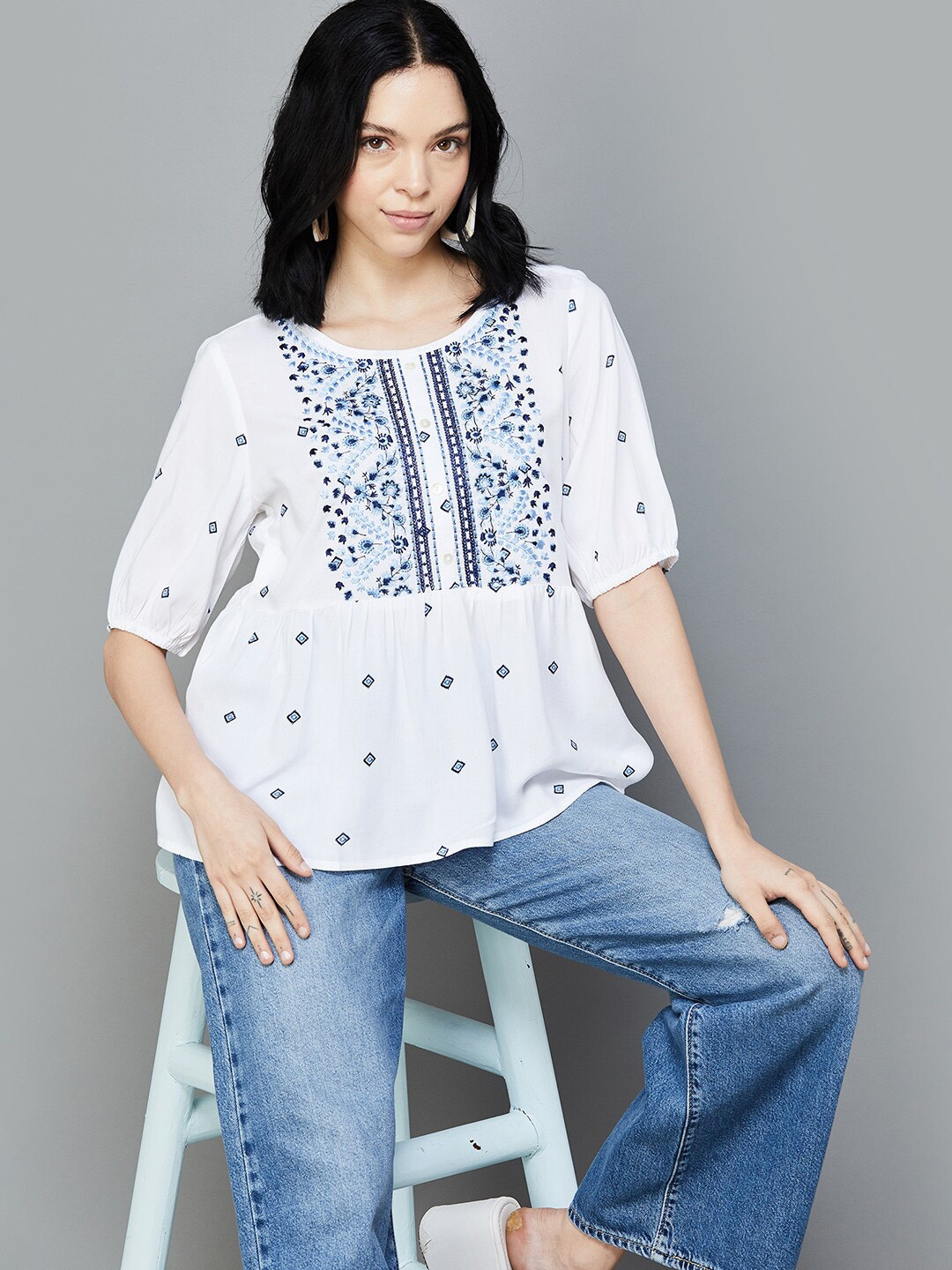 

Fame Forever by Lifestyle Floral Printed Round Neck Three-Quarter Sleeves Top, White