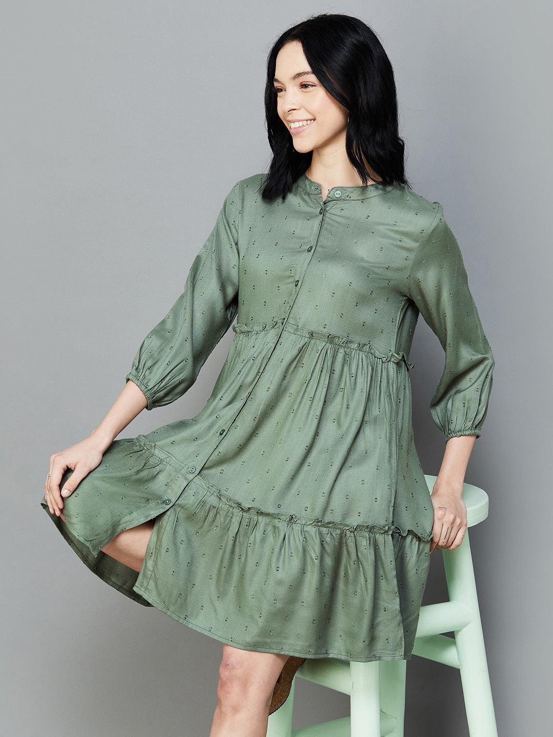 

Fame Forever by Lifestyle Mandarin Collar Three-Quarter Sleeves A-Line Dress, Green