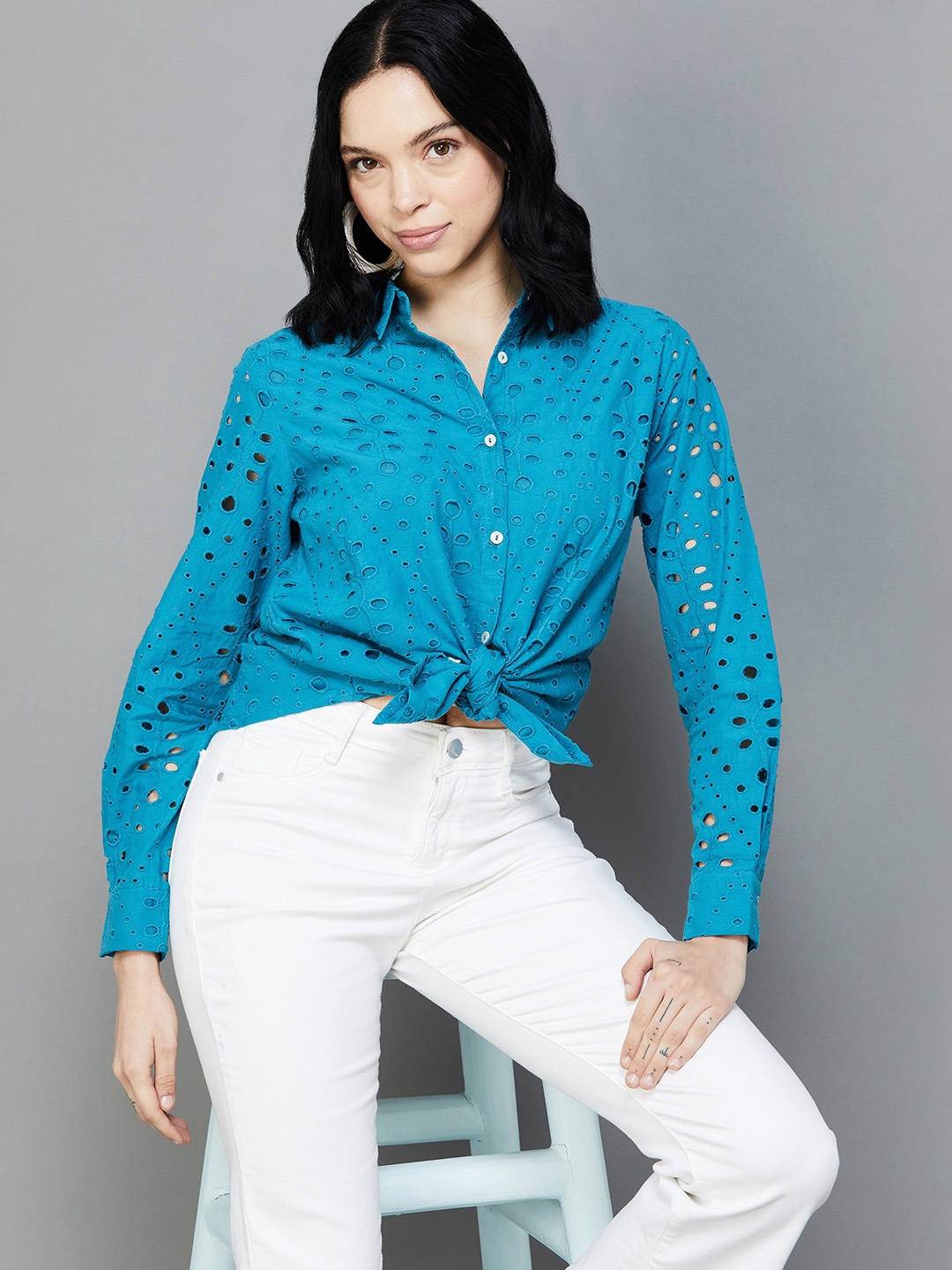 

Colour Me by Melange Floral Printed Cotton Spread Collar Long Sleeves Casual Shirt, Blue