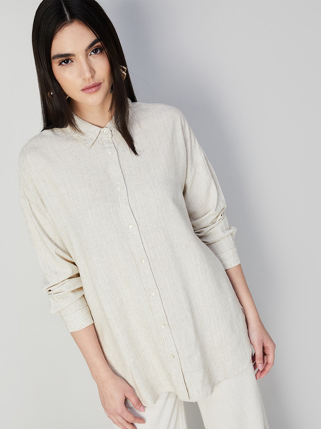 

CODE by Lifestyle Cuffed Sleeves Shirt Style Longline Top, Beige