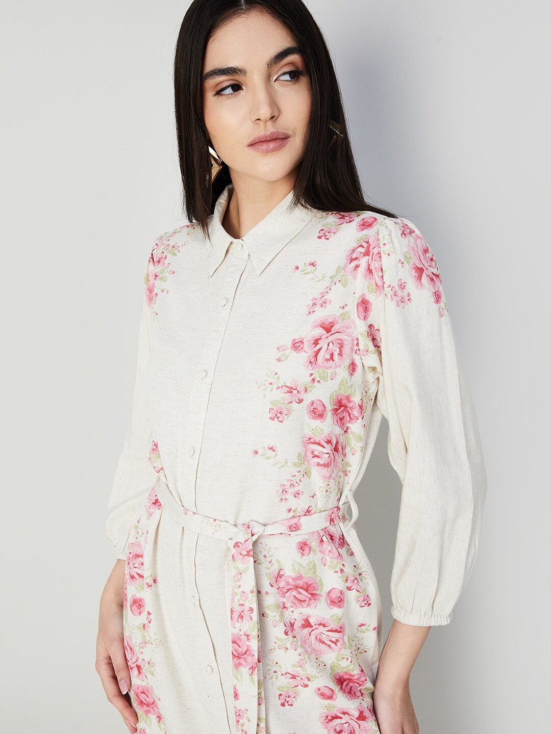 

CODE by Lifestyle Floral Printed Puff Sleeves Belted Shirt Dress, Beige