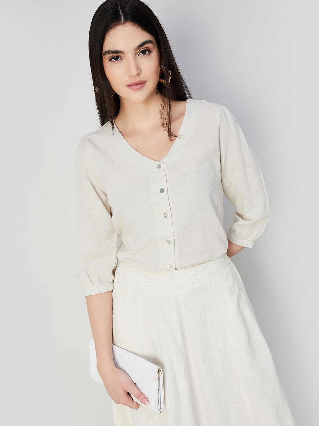 

CODE by Lifestyle V-Neck Puff Sleeves Shirt Style Top, Beige