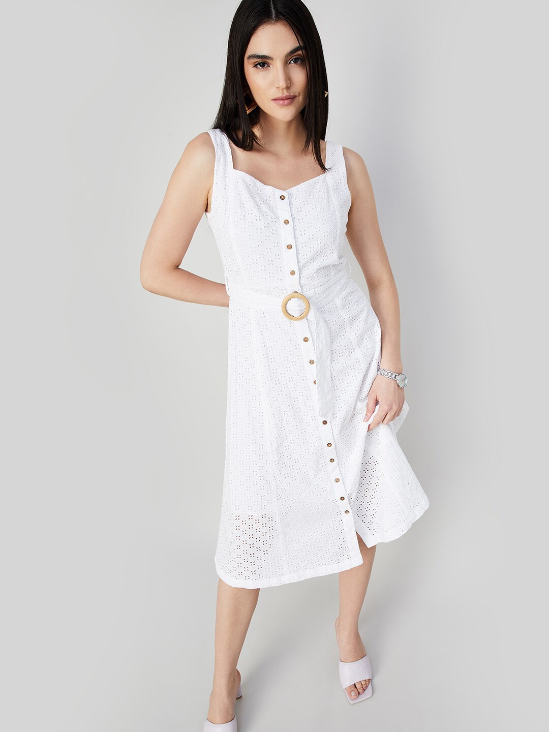 

CODE by Lifestyle Schiffli Belted A-Line Dress, Off white