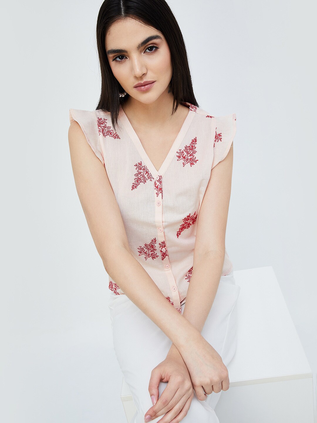 

CODE by Lifestyle Floral Printed Cap Sleeves Cotton Top, Beige