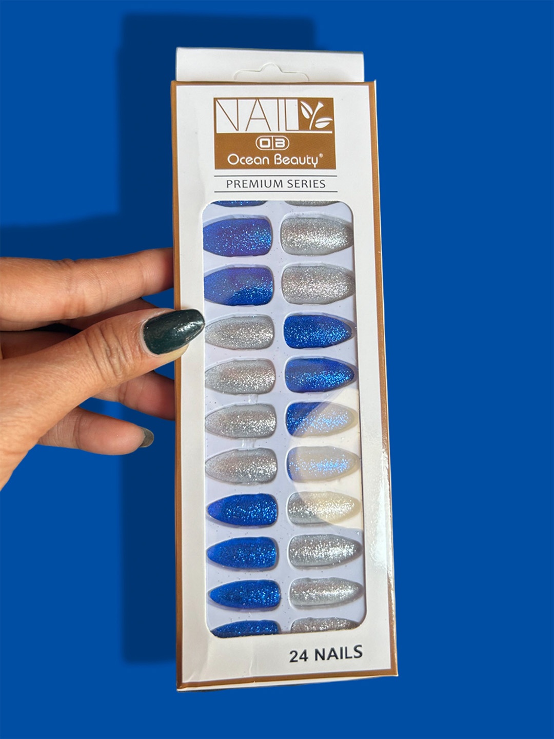 

CHRONEX Set Of 24 Glitter Reusable Press On Nail Extensions, Blue