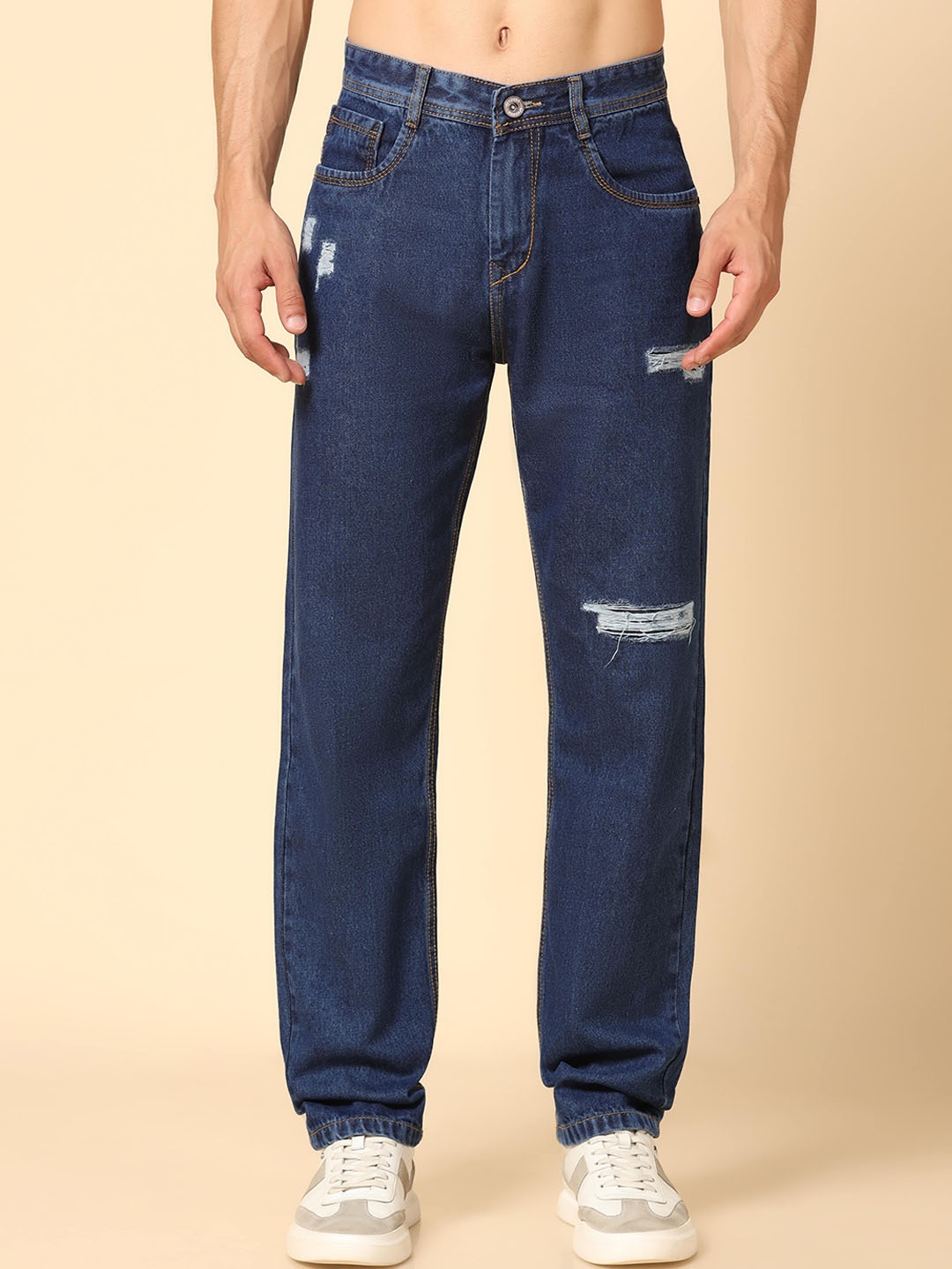 

DI LUSSO Men Straight Fit Mildly Distressed Cotton Canvas Jeans, Blue