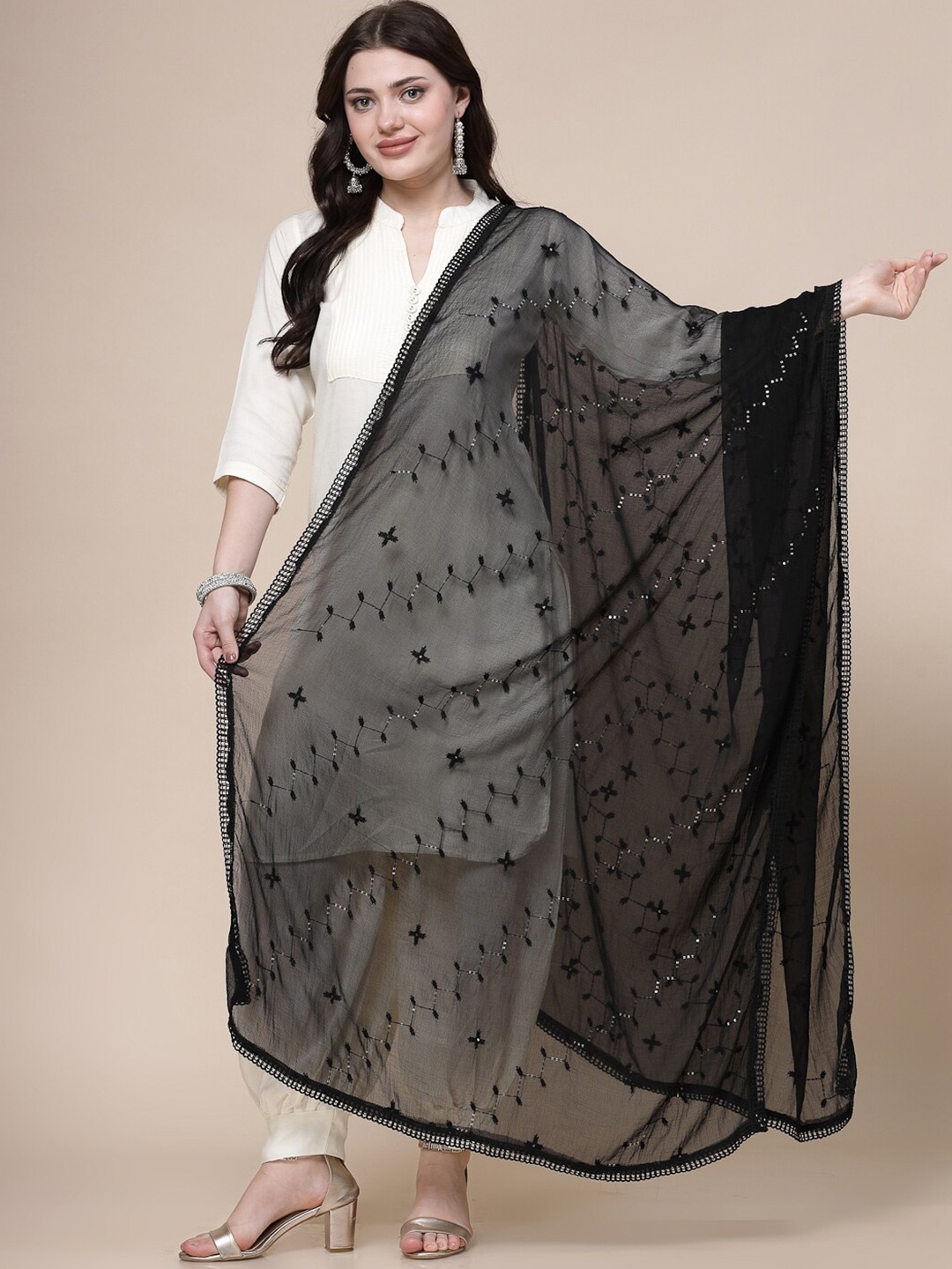 

Clora Creation Geometric Embroidered Dupatta, Black