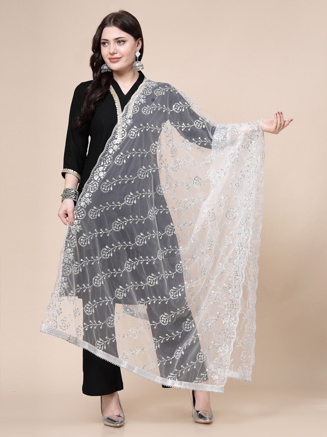 

Clora Creation Embroidered Dupatta with Sequinned, Silver