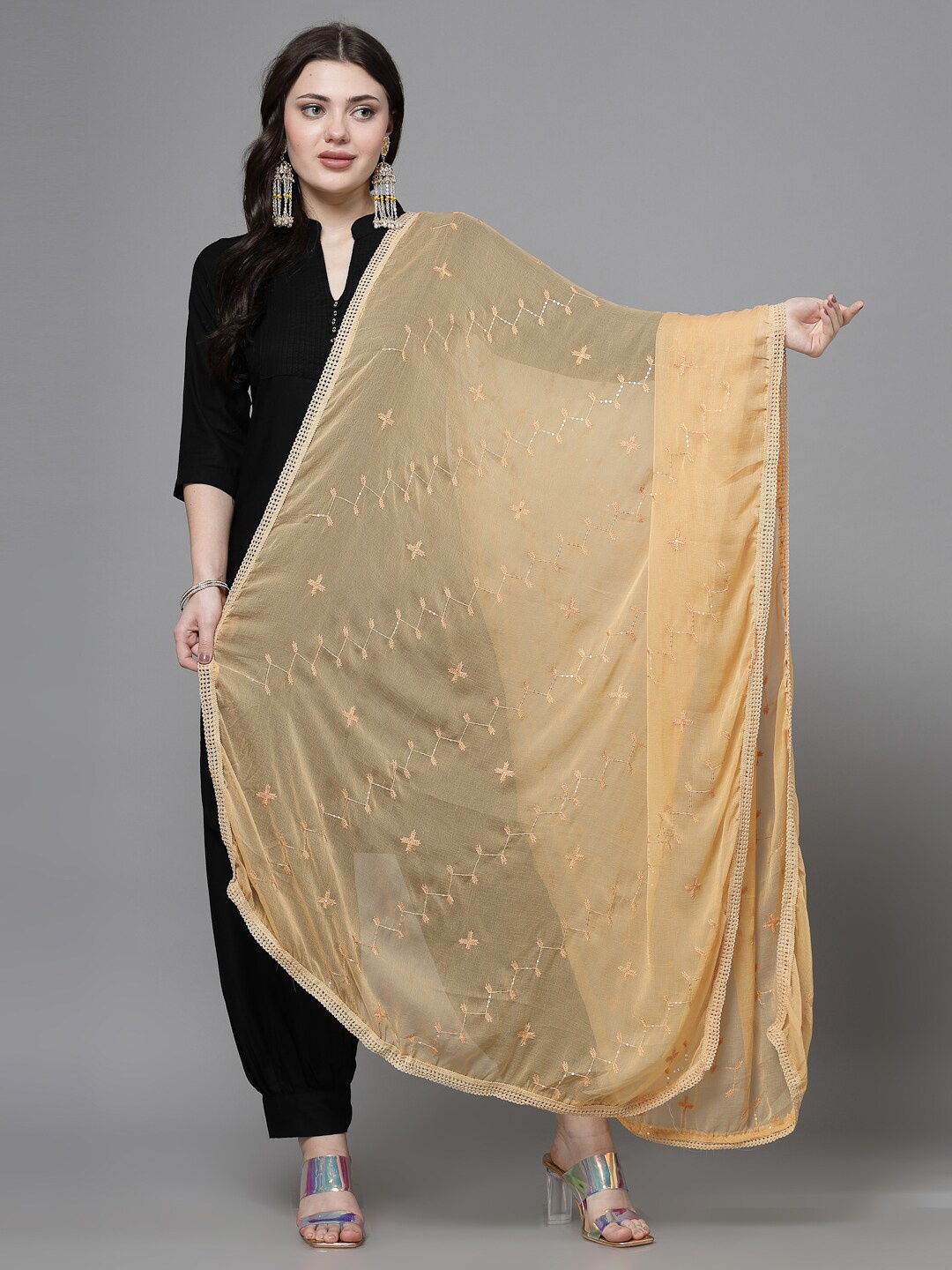 

Clora Creation Geometric Embroidered Sequinned Chiffon Dupatta, Beige