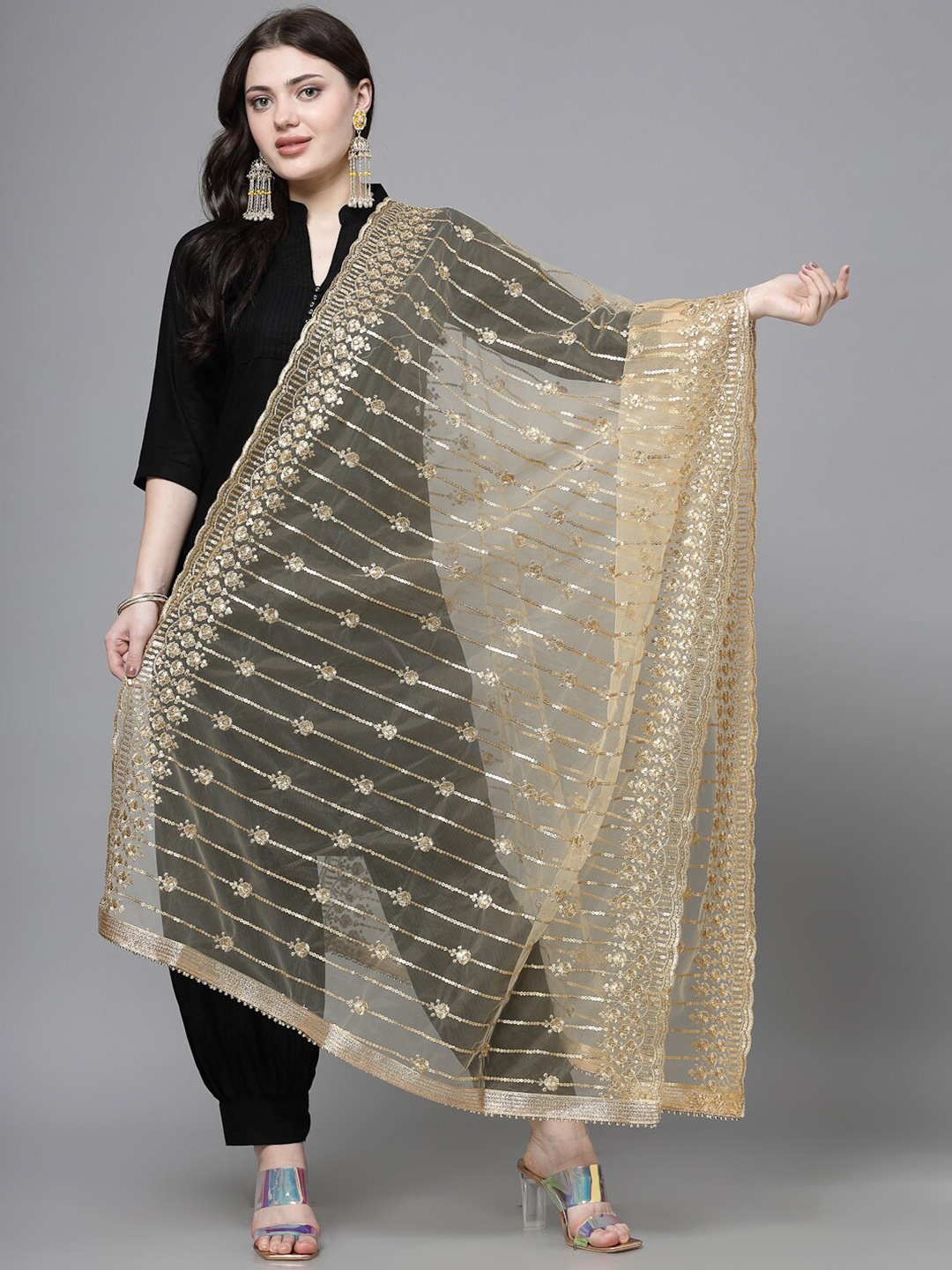 

Clora Creation Embroidered Dupatta with Sequinned, Gold