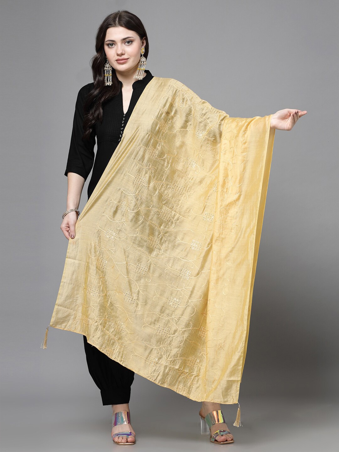 Clora Creation Ethnic Motifs Embroidered Sequinned Dupatta, Beige