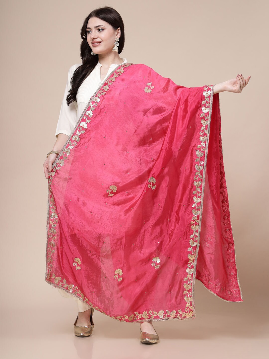 

Clora Creation Floral Embroidered Gotta Patti Dupatta, Magenta