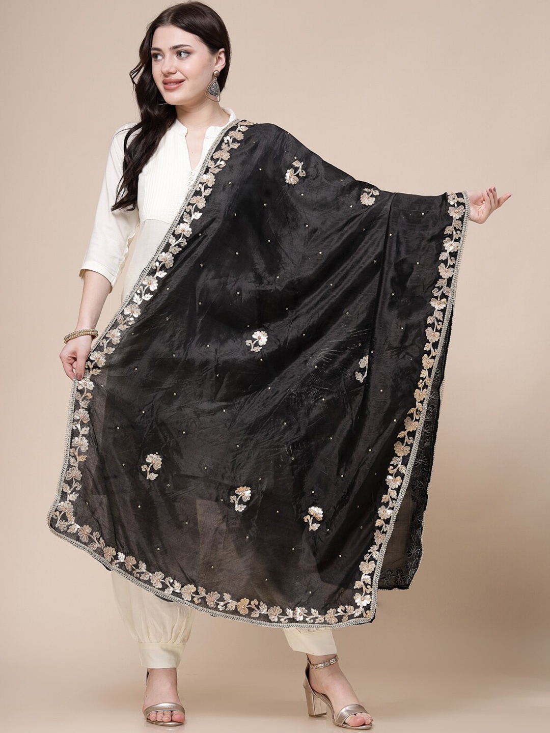 

Clora Creation Floral Embroidered Dupatta, Black