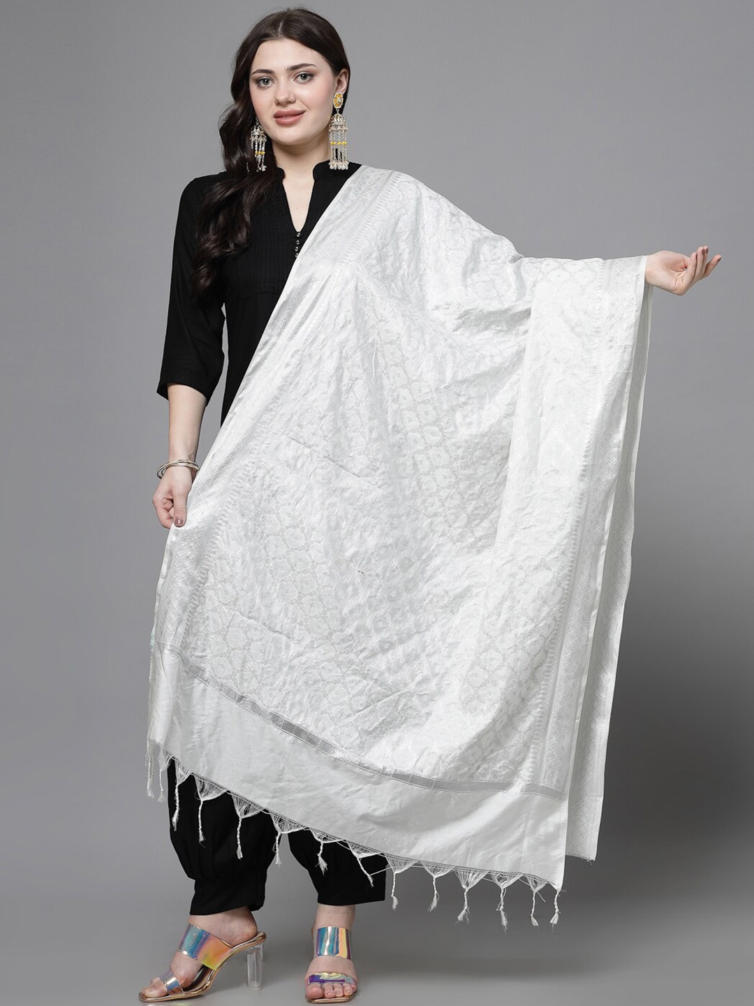 

Clora Creation Ethnic Motifs Woven Design Dupatta with Zari, Silver
